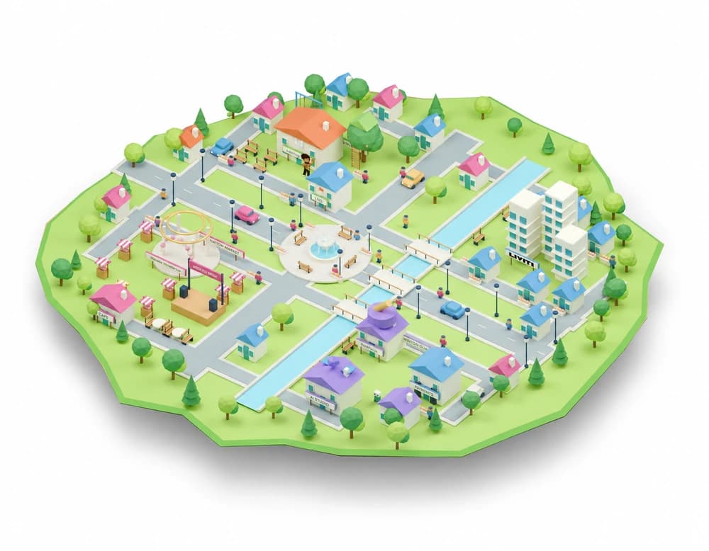 A miniature career town with a learning village, property district, wedding marketplace and invention quarter