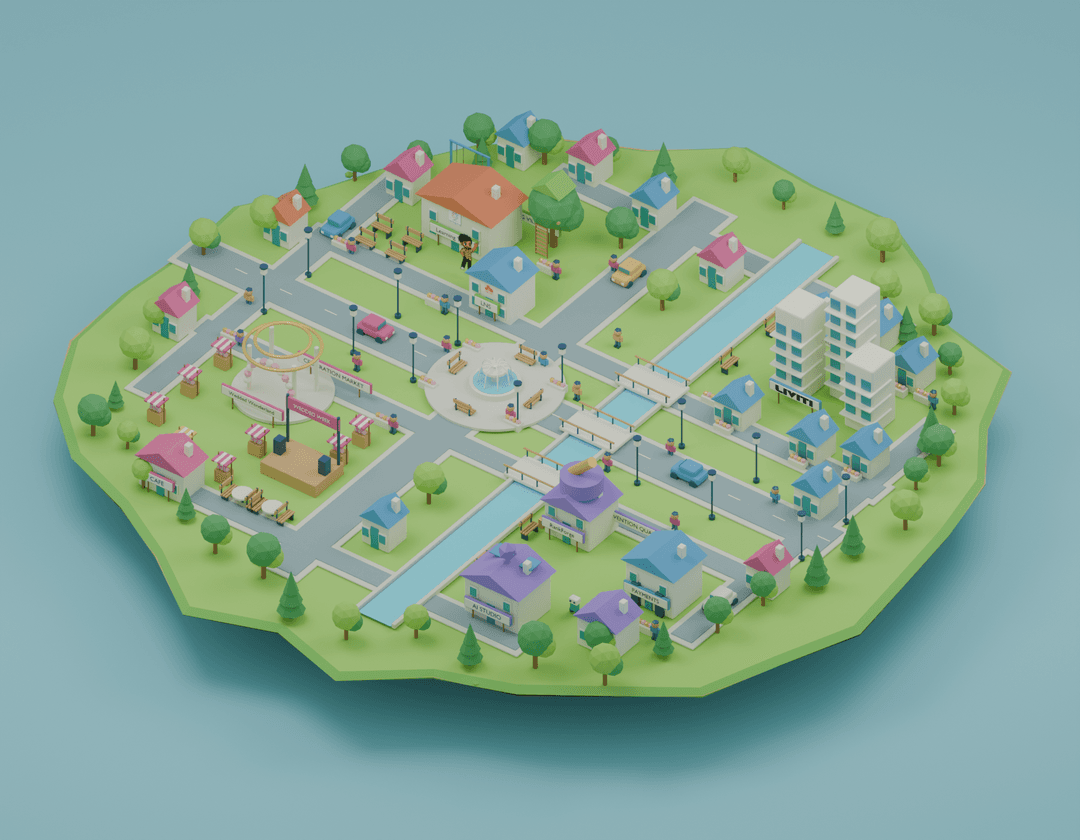 Blender render of Anim Rahman's career town, with learning buildings, Liviti towers, a wedding market and invention workshops around a canal.