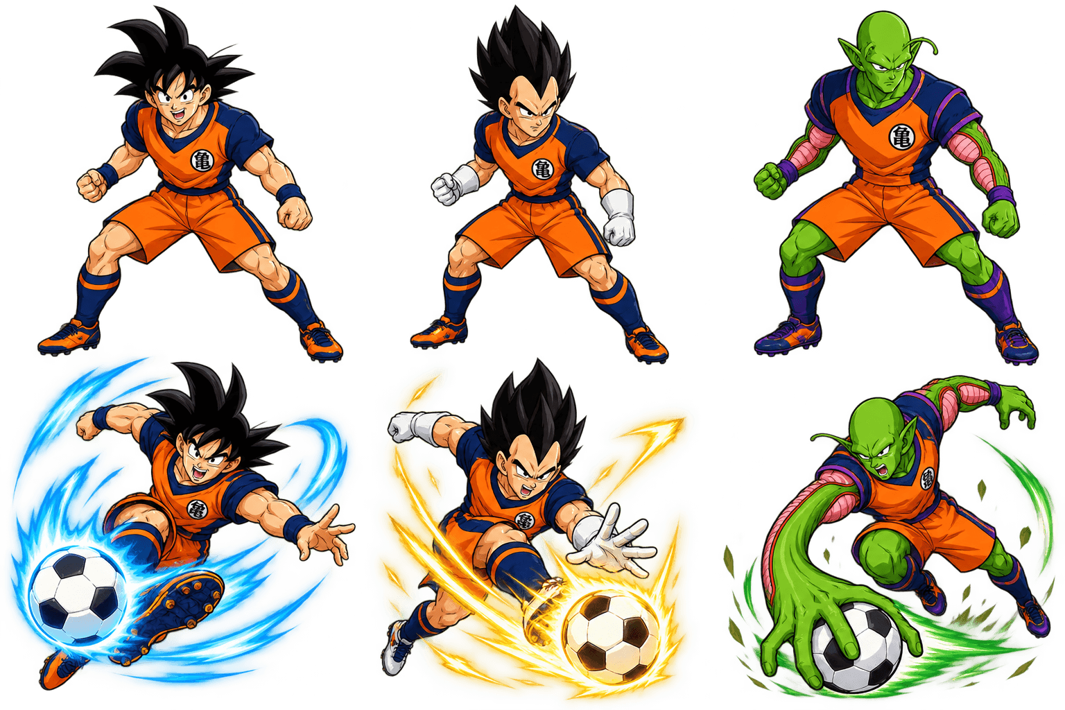 Goku, Vegeta, and Piccolo in their orange Power Pitch football kits, with their signature power moves.